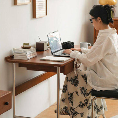 Modern Minimalist Rectangular Solid Wood Stainless Steel Desk 4-Leg 1-Drawer For Home Office
