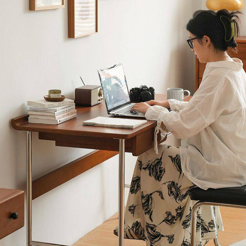 Modern Minimalist Rectangular Solid Wood Stainless Steel Desk 4-Leg 1-Drawer For Home Office