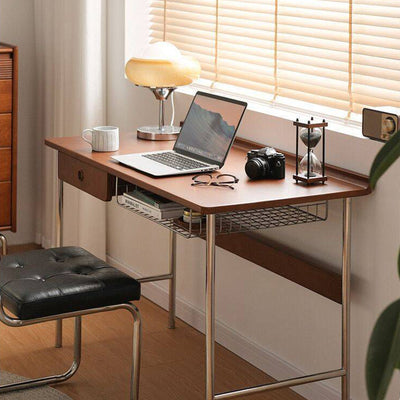 Modern Minimalist Rectangular Solid Wood Stainless Steel Desk 4-Leg 1-Drawer For Home Office