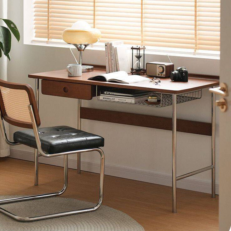 Modern Minimalist Rectangular Solid Wood Stainless Steel Desk 4-Leg 1-Drawer For Home Office