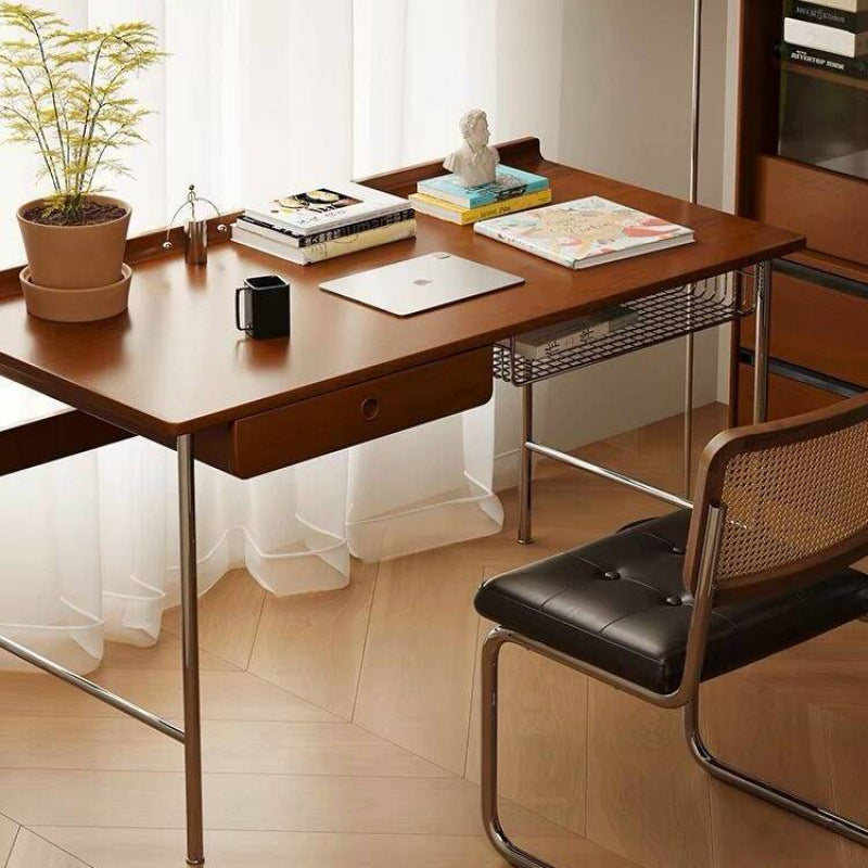 Modern Minimalist Rectangular Solid Wood Stainless Steel Desk 4-Leg 1-Drawer For Home Office