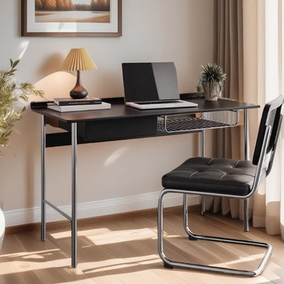 Modern Minimalist Rectangular Solid Wood Stainless Steel Desk 4-Leg 1-Drawer For Home Office