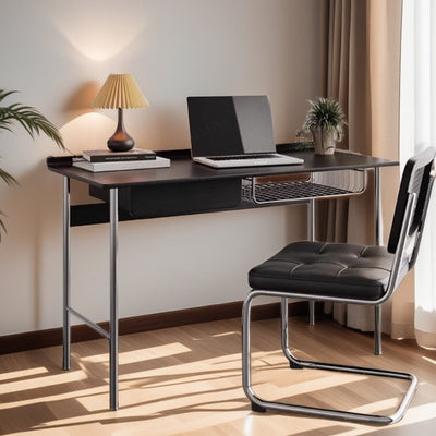 Modern Minimalist Rectangular Solid Wood Stainless Steel Desk 4-Leg 1-Drawer For Home Office