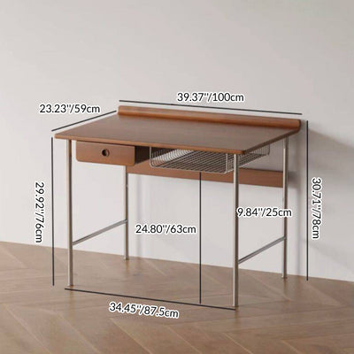 Modern Minimalist Rectangular Solid Wood Stainless Steel Desk 4-Leg 1-Drawer For Home Office