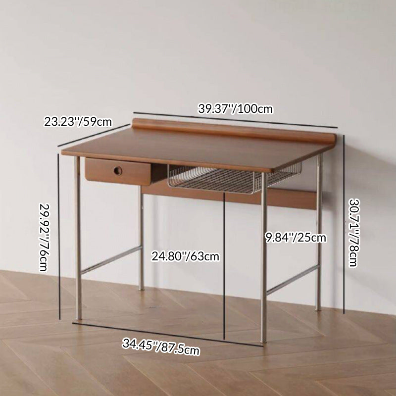 Modern Minimalist Rectangular Solid Wood Stainless Steel Desk 4-Leg 1-Drawer For Home Office