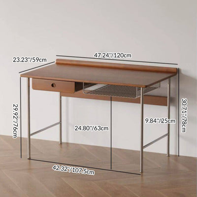 Modern Minimalist Rectangular Solid Wood Stainless Steel Desk 4-Leg 1-Drawer For Home Office