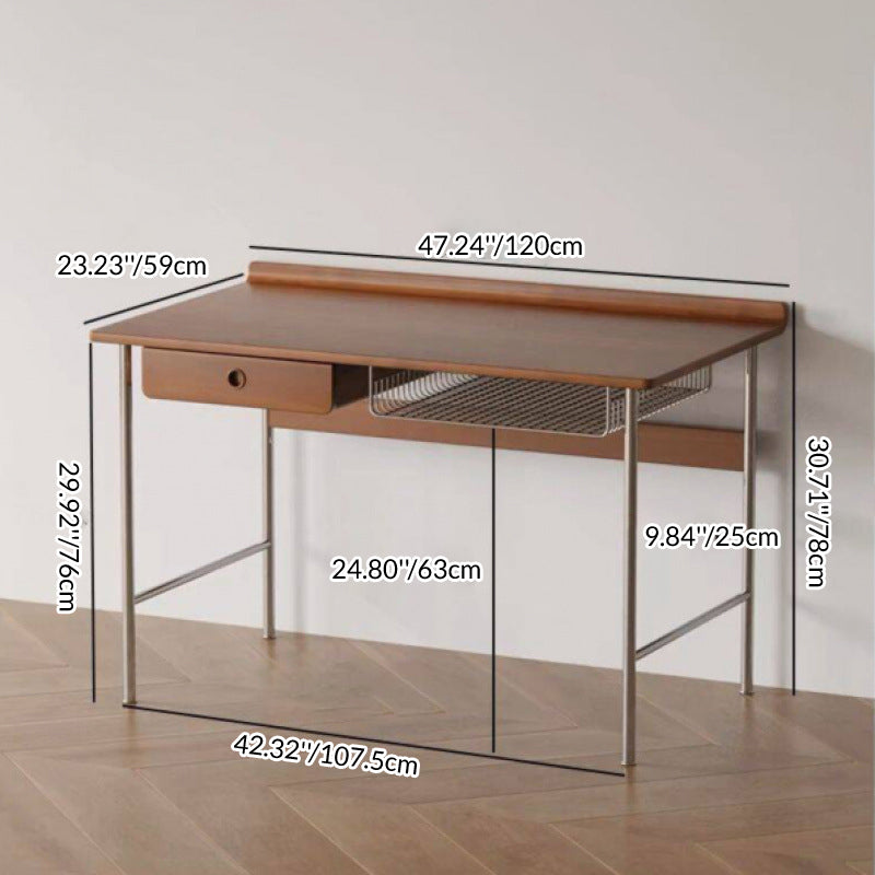 Modern Minimalist Rectangular Solid Wood Stainless Steel Desk 4-Leg 1-Drawer For Home Office