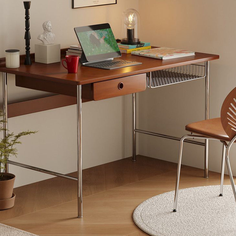 Modern Minimalist Rectangular Solid Wood Stainless Steel Desk 4-Leg 1-Drawer For Home Office