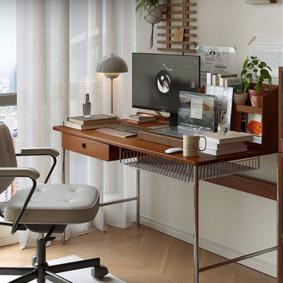 Modern Minimalist Rectangular Solid Wood Stainless Steel Desk 4-Leg 1-Drawer For Home Office