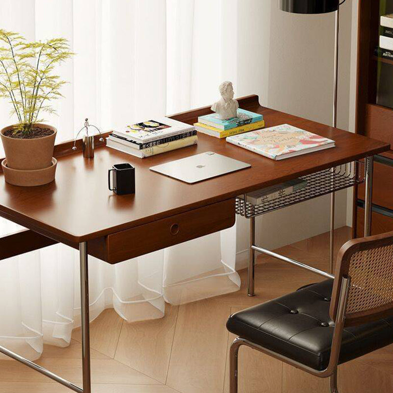 Modern Minimalist Rectangular Solid Wood Stainless Steel Desk 4-Leg 1-Drawer For Home Office