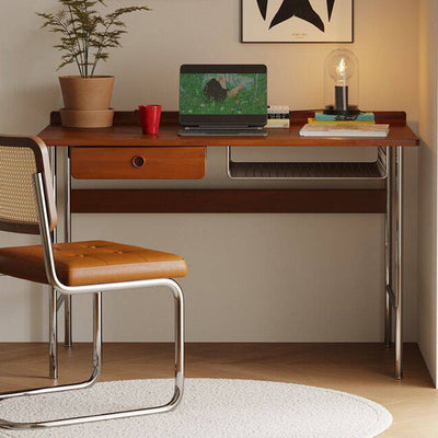 Modern Minimalist Rectangular Solid Wood Stainless Steel Desk 4-Leg 1-Drawer For Home Office
