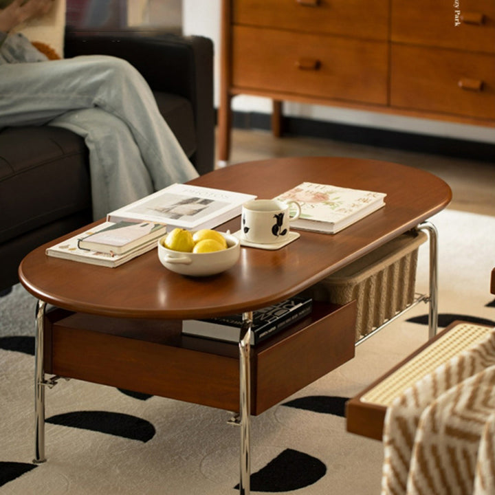 Traditioneller ovaler Vintage-Beistelltisch aus Tannenholz, Gummibaumholz, Sperrholz und Edelstahl mit 4 Beinen und 1 Schublade für das Wohnzimmer 