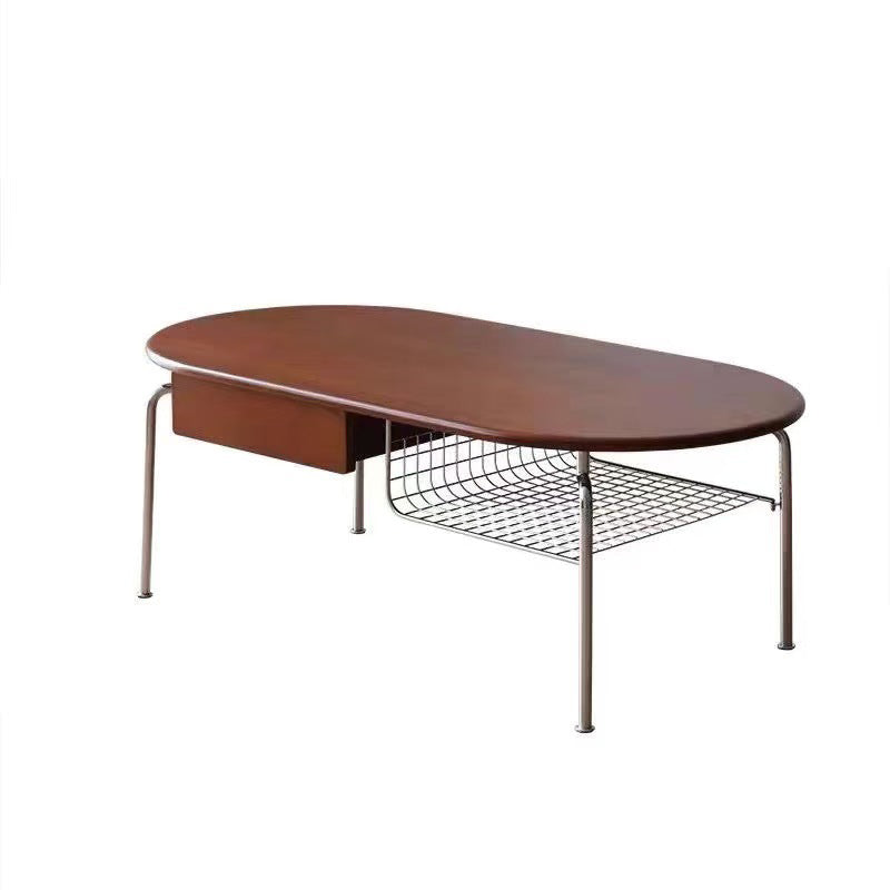 Traditioneller ovaler Vintage-Beistelltisch aus Tannenholz, Gummibaumholz, Sperrholz und Edelstahl mit 4 Beinen und 1 Schublade für das Wohnzimmer 