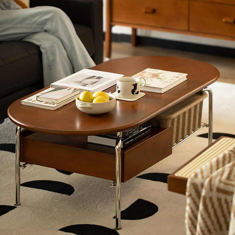 Traditioneller ovaler Vintage-Beistelltisch aus Tannenholz, Gummibaumholz, Sperrholz und Edelstahl mit 4 Beinen und 1 Schublade für das Wohnzimmer 