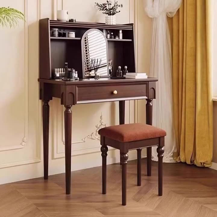 Traditional Vintage Rectangular Rubberwood Plywood Makeup Vanity 4-Leg 1-Drawer For Home Office