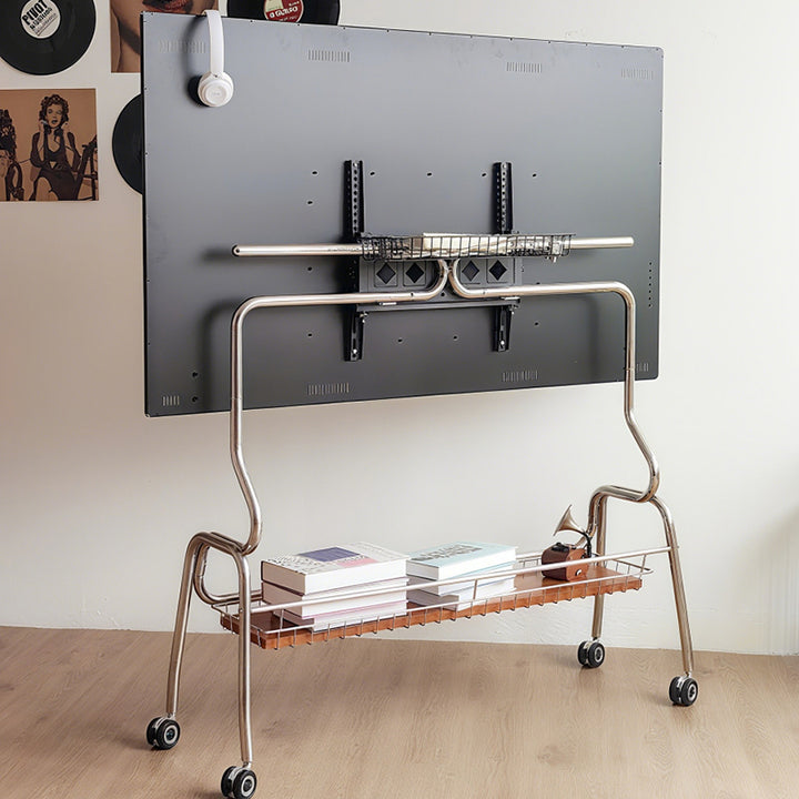 Traditional Vintage Rectangular Stainless Steel Rubberwood Iron TV Stand 4-Leg Movable For Living Room