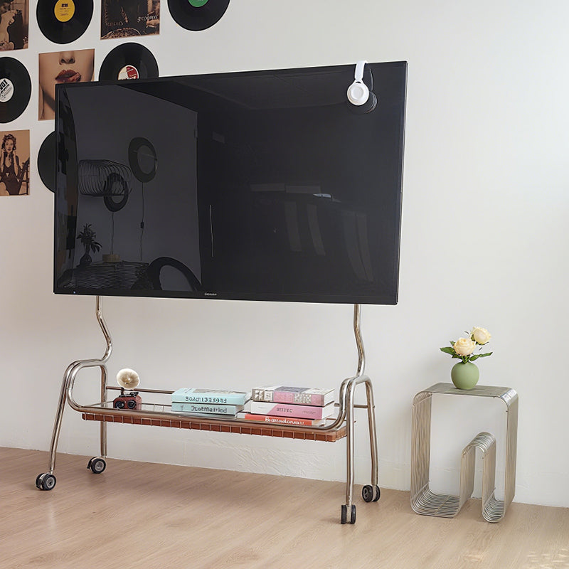 Traditional Vintage Rectangular Stainless Steel Solid Wood Iron TV Stand 4-Leg Movable For Living Room
