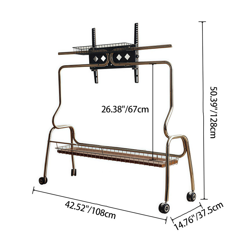 Traditional Vintage Rectangular Stainless Steel Rubberwood Iron TV Stand 4-Leg Movable For Living Room