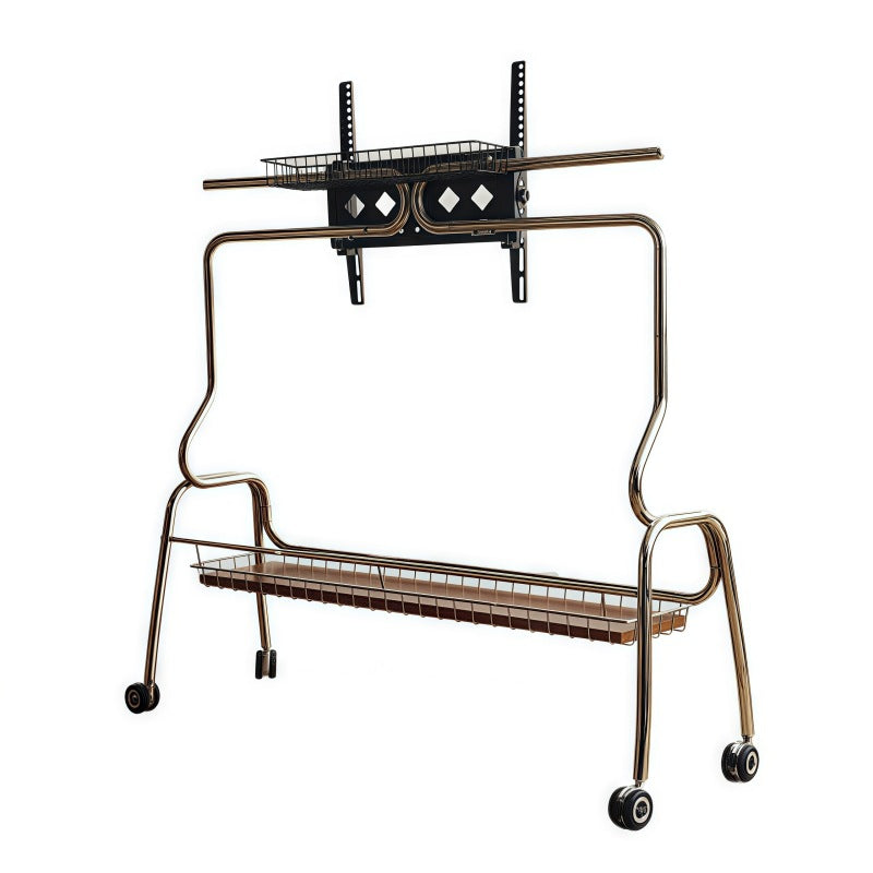 Traditional Vintage Rectangular Stainless Steel Rubberwood Iron TV Stand 4-Leg Movable For Living Room