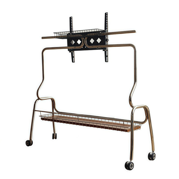 Traditional Vintage Rectangular Stainless Steel Rubberwood Iron TV Stand 4-Leg Movable For Living Room