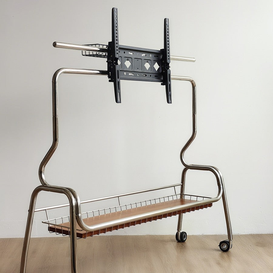 Traditional Vintage Rectangular Stainless Steel Rubberwood Iron TV Stand 4-Leg Movable For Living Room
