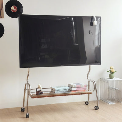 Traditional Vintage Rectangular Stainless Steel Solid Wood Iron TV Stand 4-Leg Movable For Living Room
