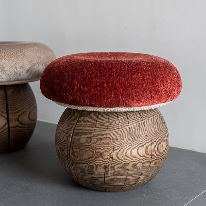 Tabouret bas moderne minimaliste en bois massif en forme de champignon avec coussin en mousse recouvert de tissu pour salon 