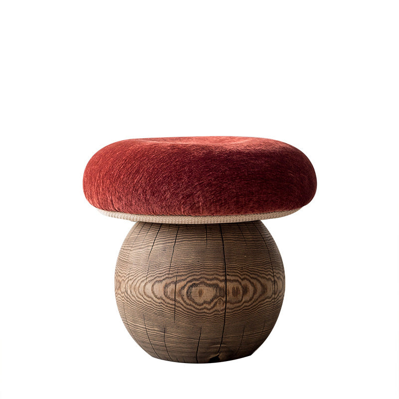 Tabouret bas moderne minimaliste en bois massif en forme de champignon avec coussin en mousse recouvert de tissu pour salon 