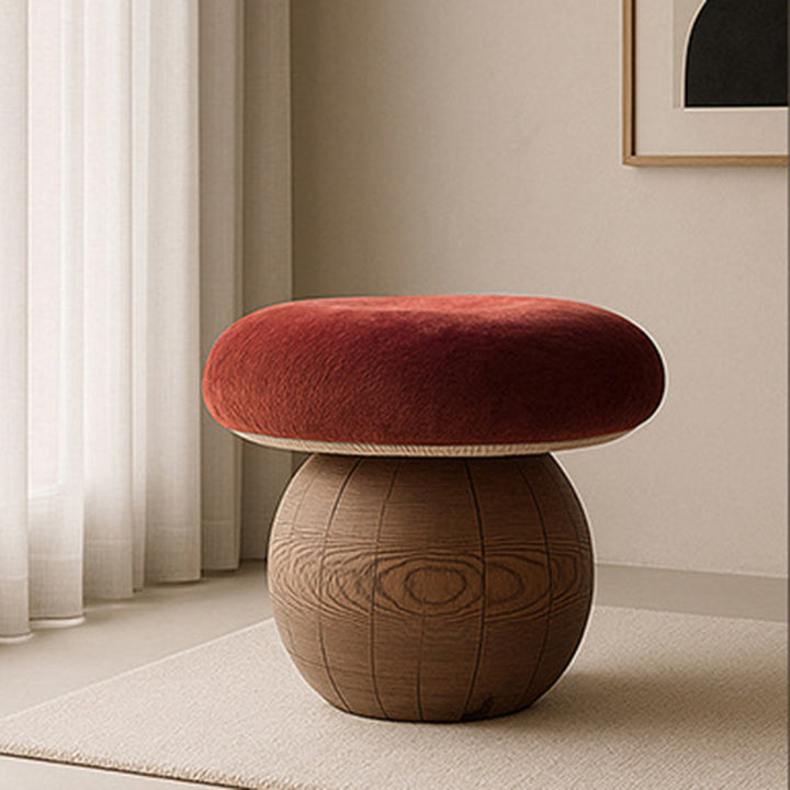 Tabouret bas moderne minimaliste en bois massif en forme de champignon avec coussin en mousse recouvert de tissu pour salon 