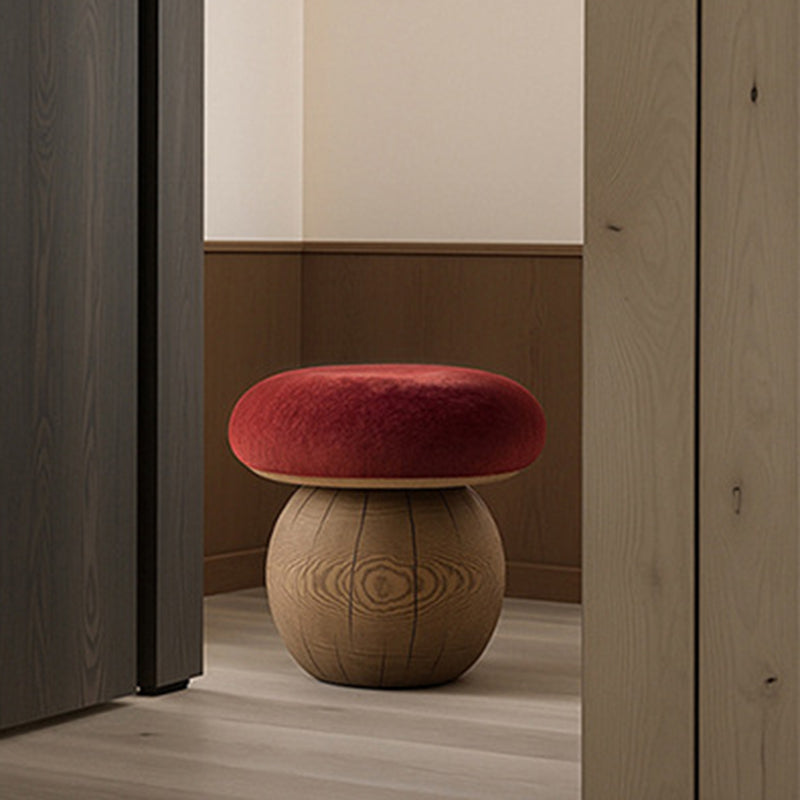 Tabouret bas moderne minimaliste en bois massif en forme de champignon avec coussin en mousse recouvert de tissu pour salon 