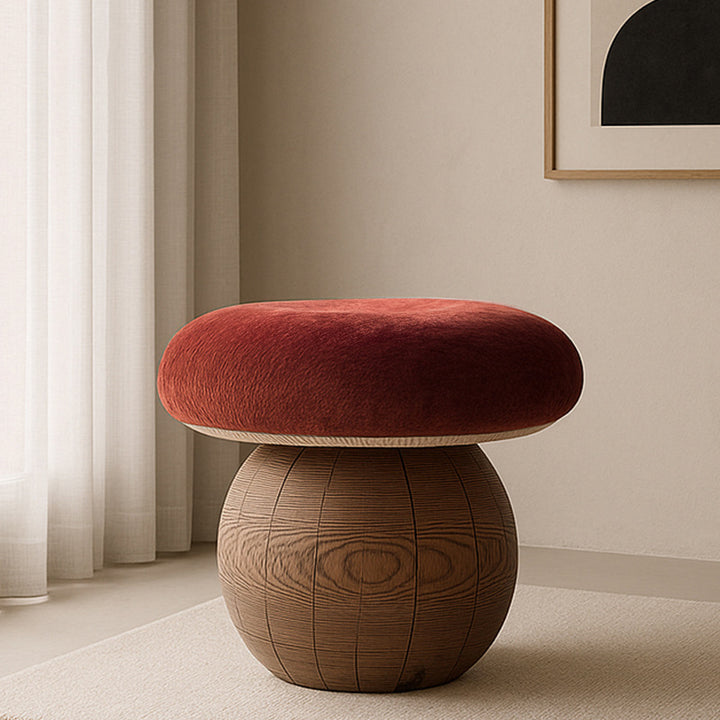 Tabouret bas moderne minimaliste en bois massif en forme de champignon avec coussin en mousse recouvert de tissu pour salon 