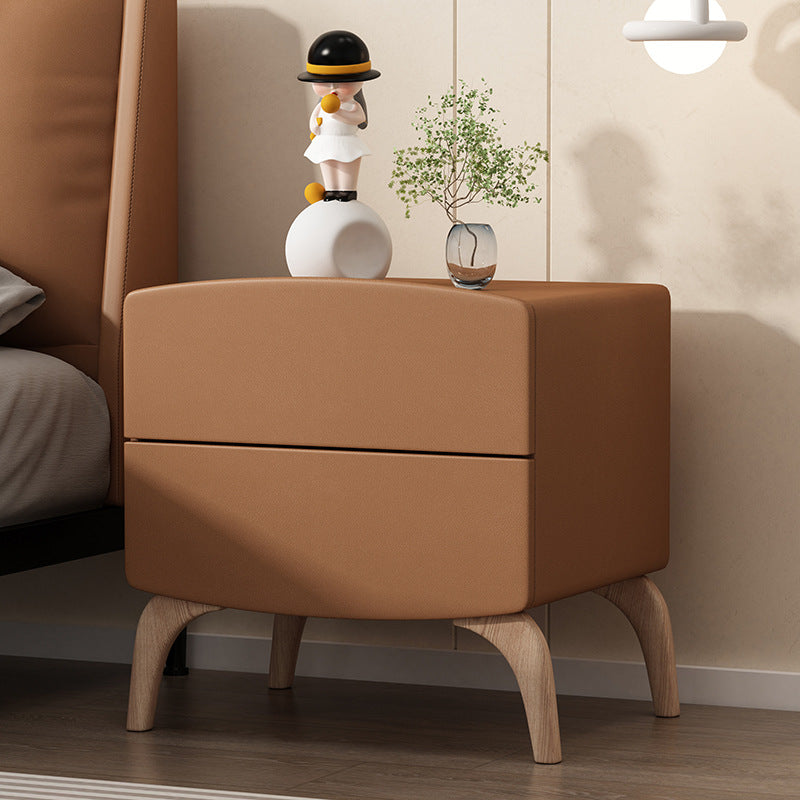 Modern Minimalist Rectangular Solid Wood Multi-layer Board Solid Wood Cat-Scratch-Resistant Leather Nightstand 2-Drawer For Bedroom