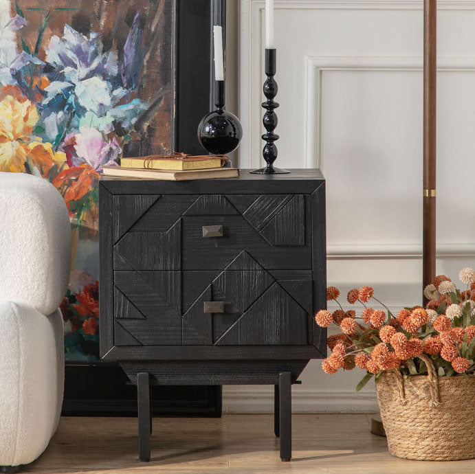 Modern Minimalist Rectangular Solid Wood Medium Density Fiberboard Iron Nightstand 2-Drawer 4-Leg For Bedroom