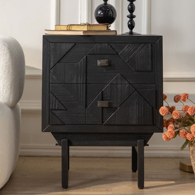 Modern Minimalist Rectangular Solid Wood Medium Density Fiberboard Iron Nightstand 2-Drawer 4-Leg For Bedroom