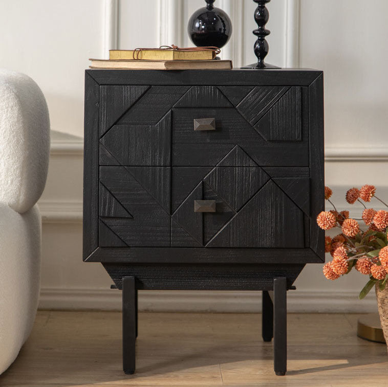Modern Minimalist Rectangular Solid Wood Medium Density Fiberboard Iron Nightstand 2-Drawer 4-Leg For Bedroom