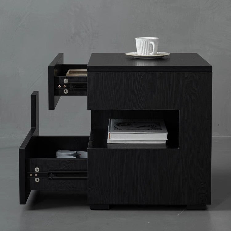 Mesita de noche de madera maciza rectangular minimalista moderna de fresno con 2 cajones y 2 niveles para dormitorio 