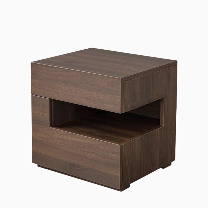 Mesita de noche de madera maciza rectangular minimalista moderna de fresno con 2 cajones y 2 niveles para dormitorio 