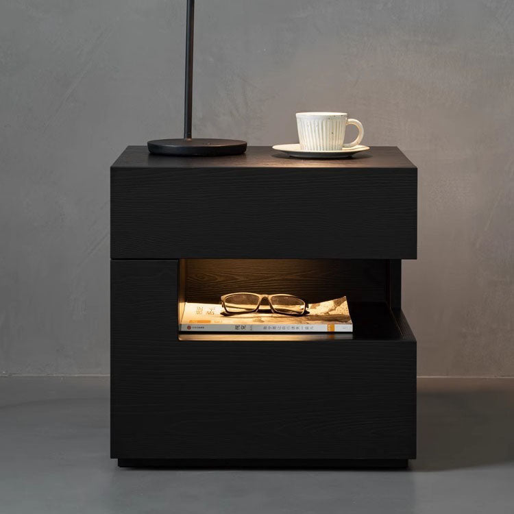 Mesita de noche de madera maciza rectangular minimalista moderna de fresno con 2 cajones y 2 niveles para dormitorio 