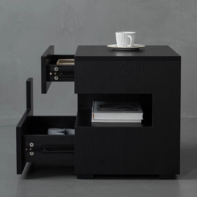 Mesita de noche de madera maciza rectangular minimalista moderna de fresno con 2 cajones y 2 niveles para dormitorio 