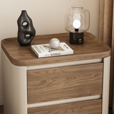 Modern Minimalist Rectangular Solid Wood Saddle Leather Nightstand 2-Drawer For Bedroom