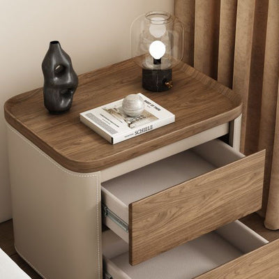 Modern Minimalist Rectangular Solid Wood Saddle Leather Nightstand 2-Drawer For Bedroom