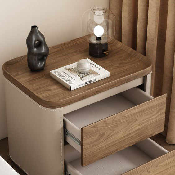 Modern Minimalist Rectangular Solid Wood Saddle Leather Nightstand 2-Drawer For Bedroom