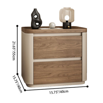 Modern Minimalist Rectangular Solid Wood Saddle Leather Nightstand 2-Drawer For Bedroom