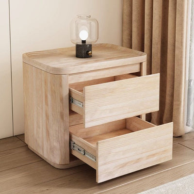 Modern Minimalist Rectangular Solid Wood Saddle Leather Nightstand 2-Drawer For Bedroom