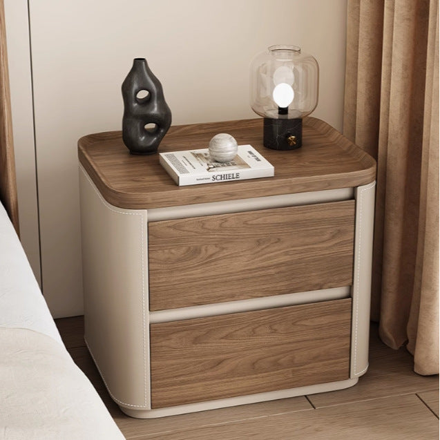 Modern Minimalist Rectangular Solid Wood Saddle Leather Nightstand 2-Drawer For Bedroom
