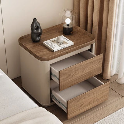 Modern Minimalist Rectangular Solid Wood Saddle Leather Nightstand 2-Drawer For Bedroom