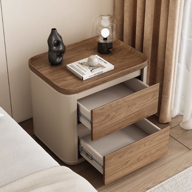 Modern Minimalist Rectangular Solid Wood Saddle Leather Nightstand 2-Drawer For Bedroom