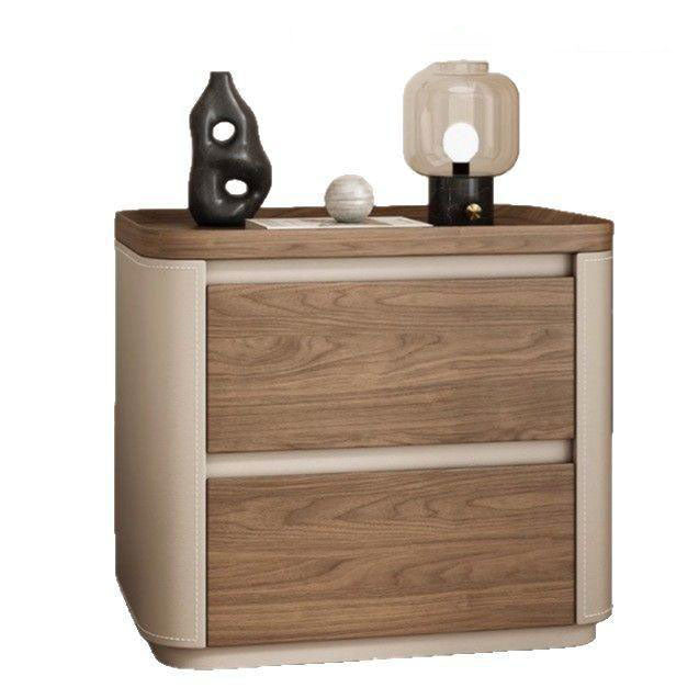 Modern Minimalist Rectangular Solid Wood Saddle Leather Nightstand 2-Drawer For Bedroom