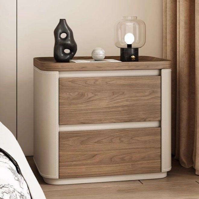 Modern Minimalist Rectangular Solid Wood Saddle Leather Nightstand 2-Drawer For Bedroom