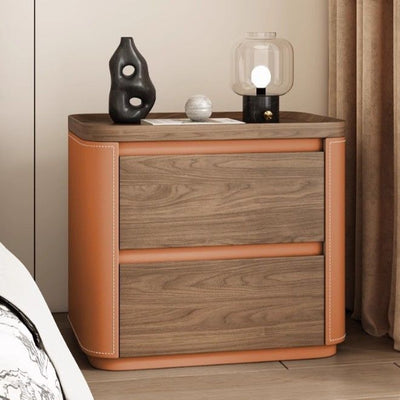 Modern Minimalist Rectangular Solid Wood Saddle Leather Nightstand 2-Drawer For Bedroom